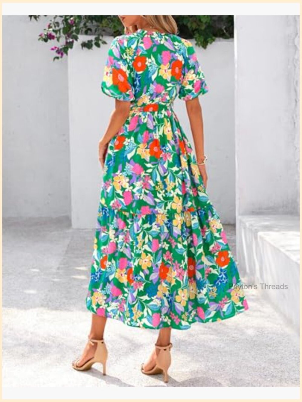 Boho Short Sleeve V Neck Button Belt Flowy Maxi Dress with Pockets - Picture 3 of 7